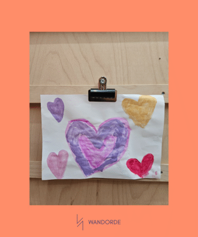 Kindertekening opgehangen met klemhouder van WandOrde op houten wandsysteem